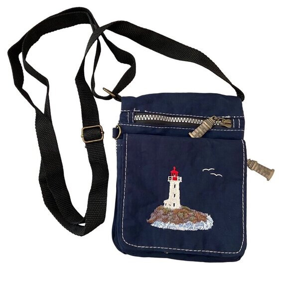 Vintage Navy mini Crossbody Bag With Lighthouse Embroidery Zipper Closure travel - Picture 5 of 12